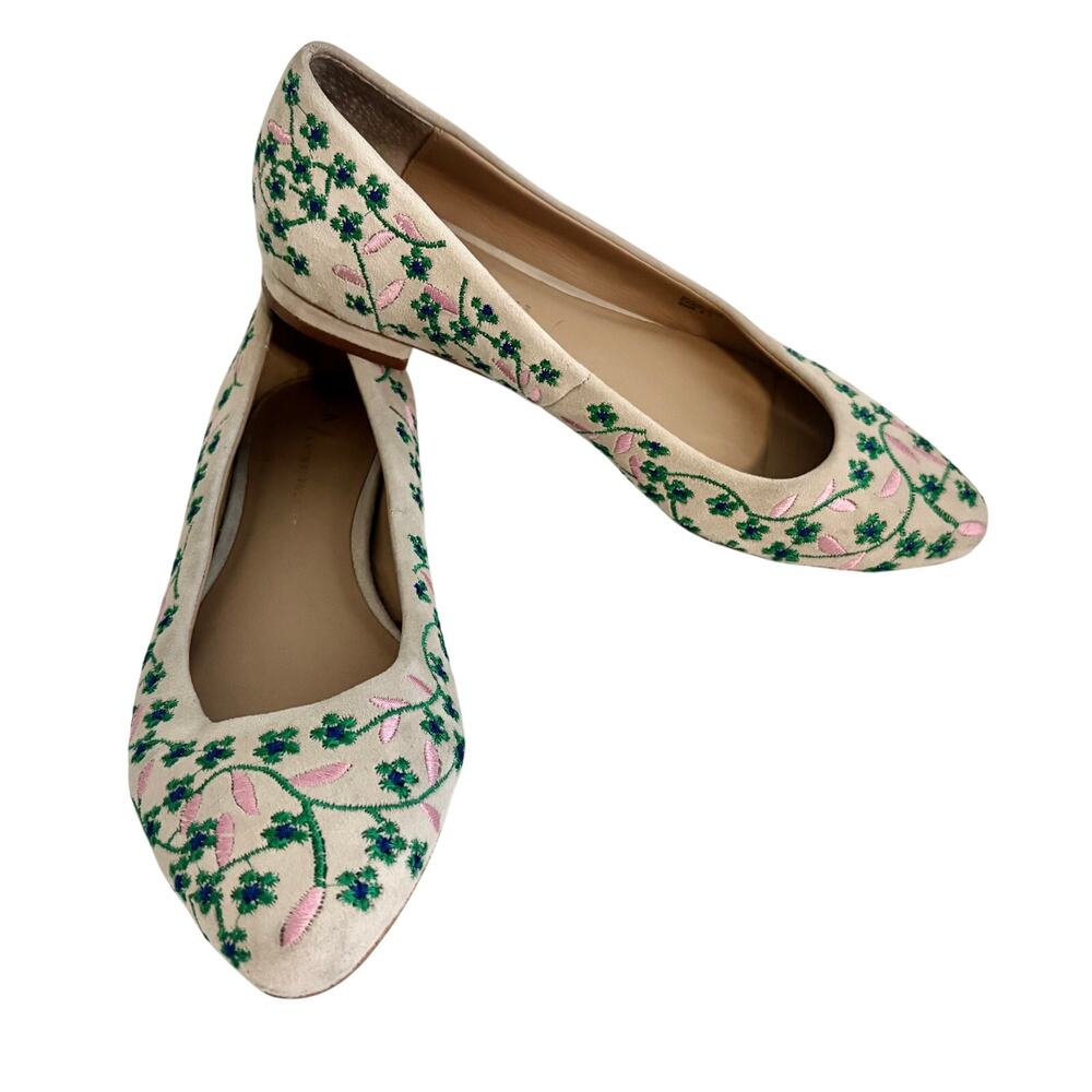 Anthropologie Embroidered Suede Leather Floral Vine Ballet Flats Fairy Feminine